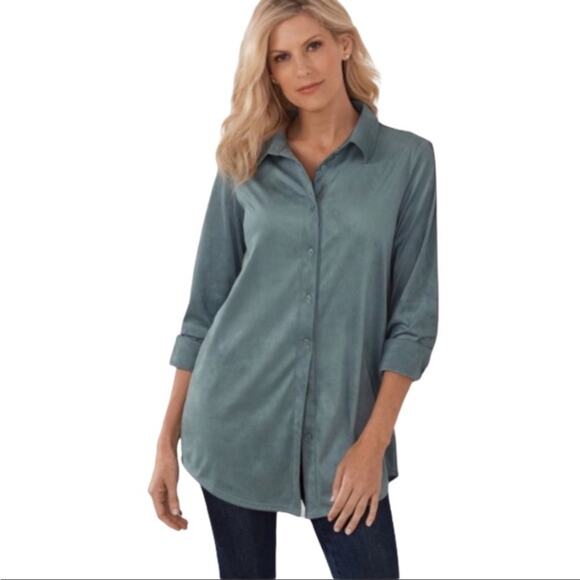 Soft Surroundings Blue Suede Button Down Boyfriend Oversized Tunic Shirt Size L - Picture 2 of 6
